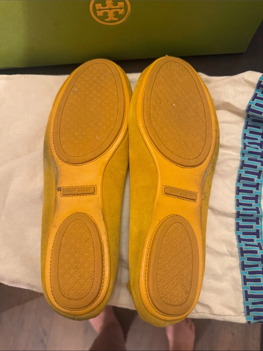 Tory Burch Mustard Yellow Suede Logo Ballet Flats